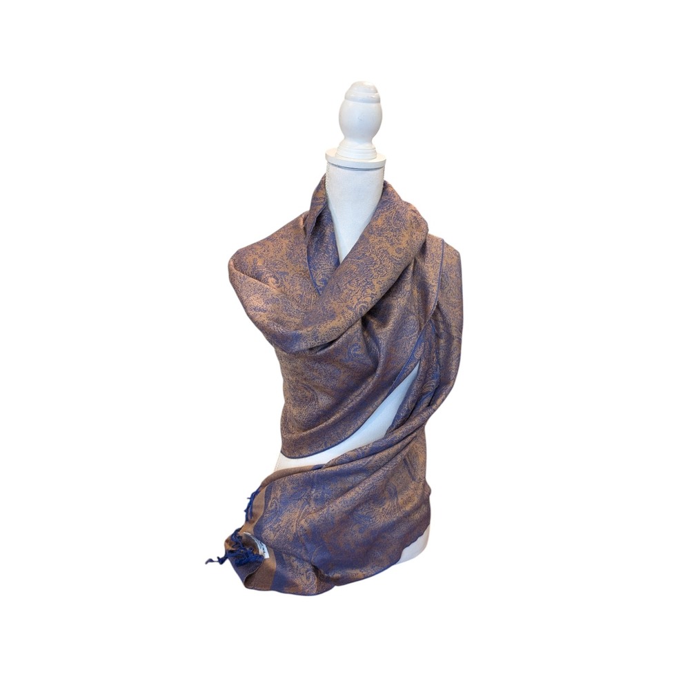 Pashmina Scarf Shawl Blue Gold Paisley Jacquard Reversible Fringe Wrap Women